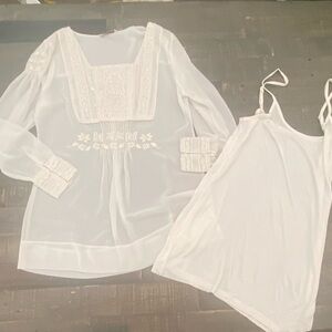 Soft Surroundings  2 Piece White long sleeve embroidered blouse w tank shirt med